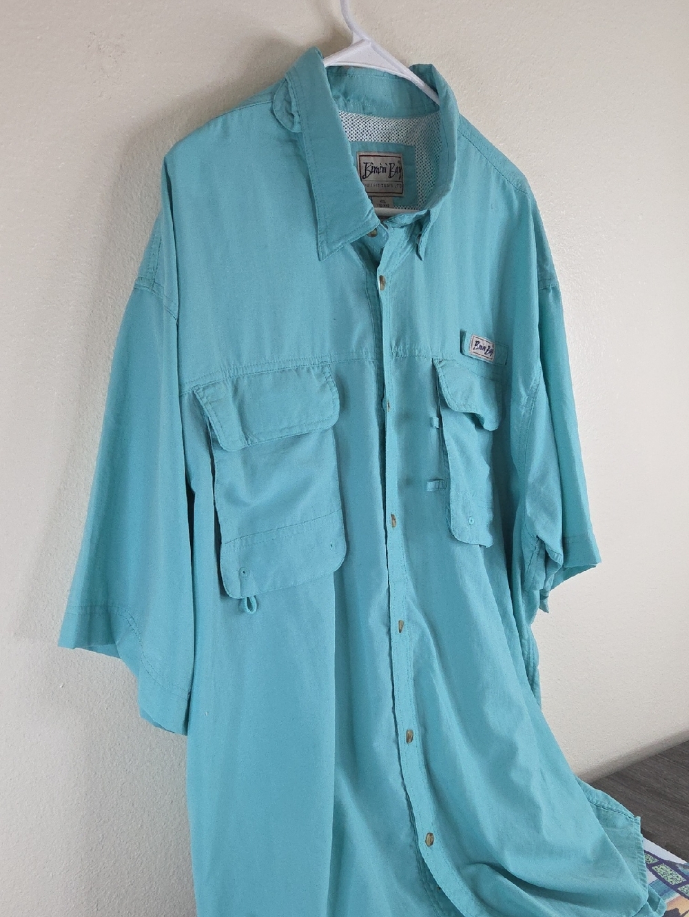 BIMINI BAY XXL Mens Fishing Shirt turquoise short-sleeve button-up shirt UPF 35 - Picture 2 of 16